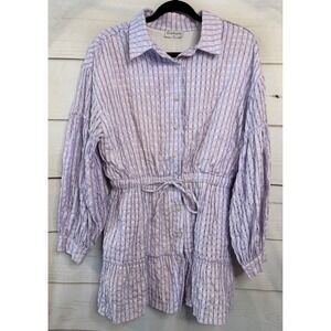 Destinaire Purple Gingham Plaid Button Down Mini Dress Elastic Waist Womens M